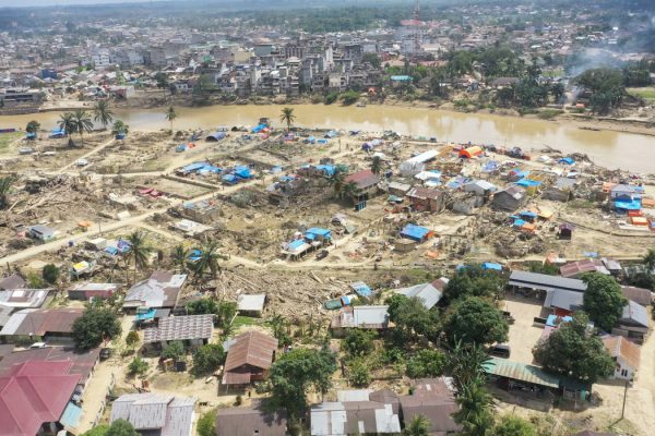 Foto udara kondisi Desa Kota Lintang pascabanjir bandang di Desa Kota Lintang, Kabupaten Aceh Tamiang, Aceh, Sabtu (24/1/2026).